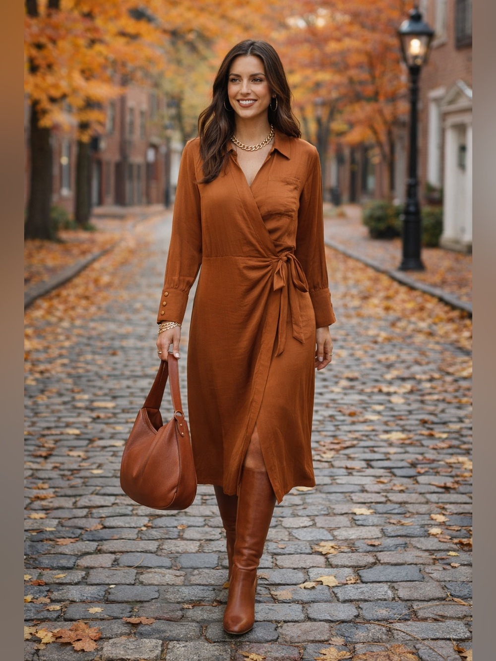 Gibson Latimer Rust Wrap Midi Dress with Tie Waist size Large